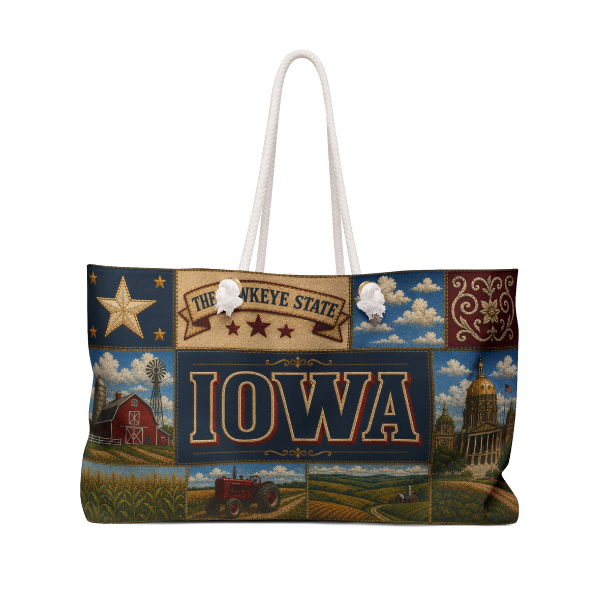 Iowa Weekender Bag Hawkeye State Faux Patchwork Travel Tote Fields of Opportunity Vintage State Souvenir Gift
