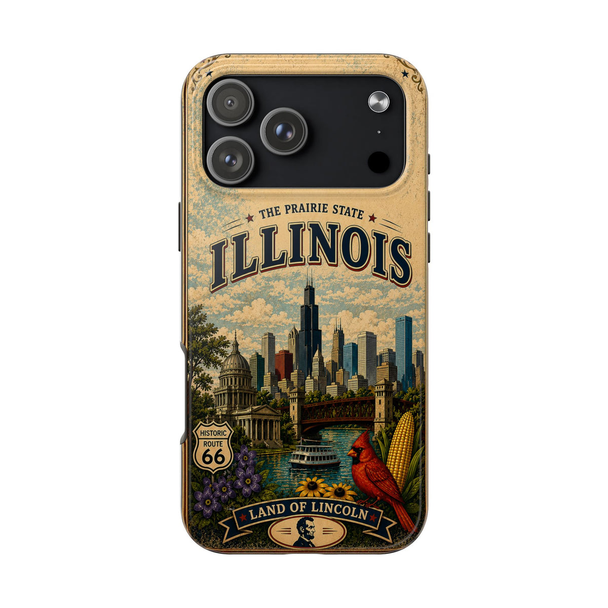 Illinois Prairie State Faux Patchwork Phone Case Vintage Travel Poster Retro State Pride Cover