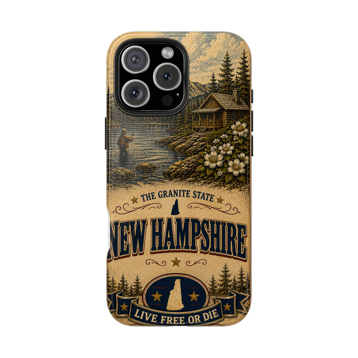 New Hampshire Faux Patchwork Phone Case Live Free or Die Granite State Vintage Travel Poster iPhone 17 Samsung S26 Cover