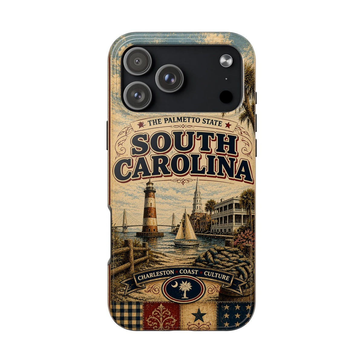 South Carolina Faux Patchwork Phone Case Palmetto State Retro Charleston Coastal Lighthouse State Pride Cover