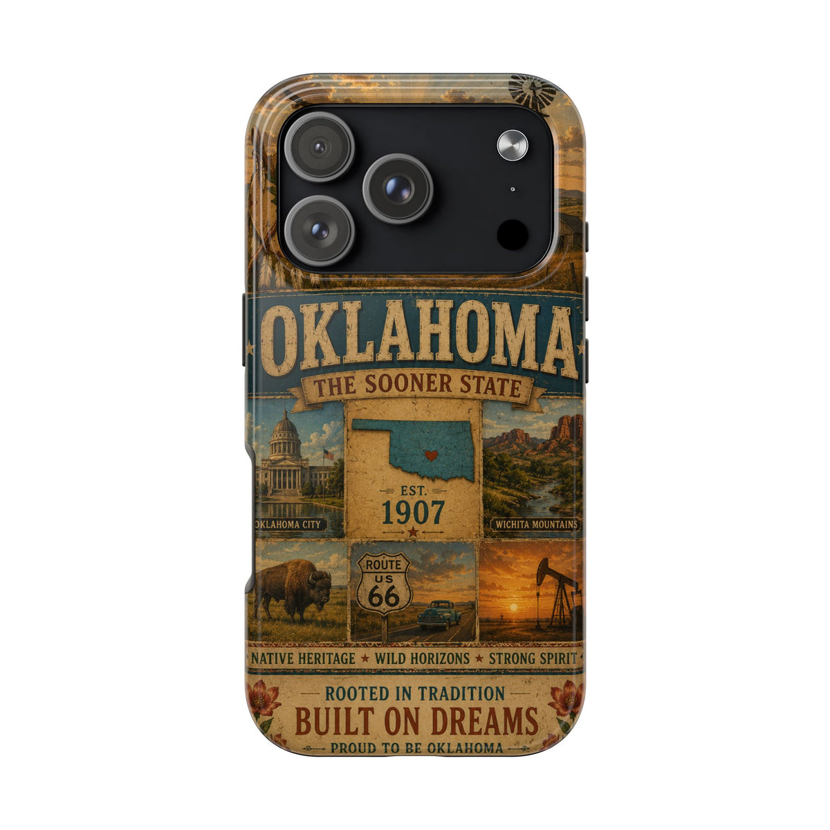 write me a title and product description for this United State phone case with Slogan  "Oklahoma Faux Patchwork Phone Case The Sooner State Vintage Travel Poster Retro State Pride Cover Est 1907"...