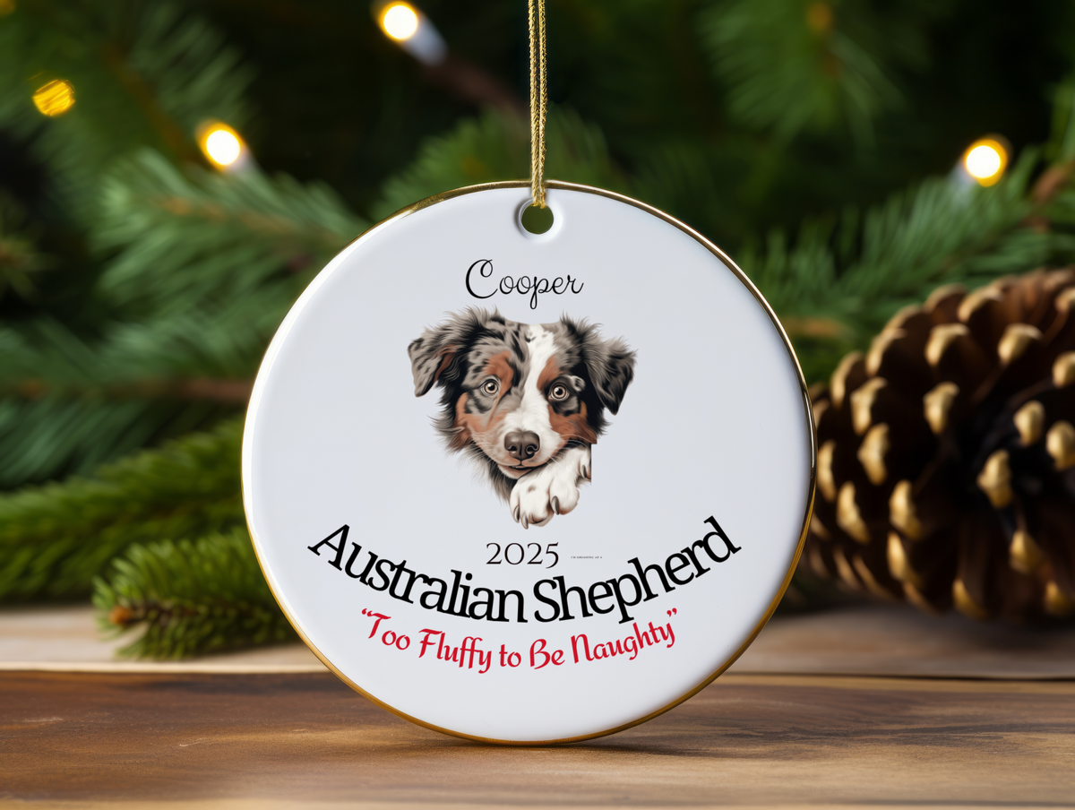 Australian Shepherd “Too Fluffy to Be Naughty” Personalized Pet Ornament with Photo & Name – Funny Custom Dog Christmas Ornament