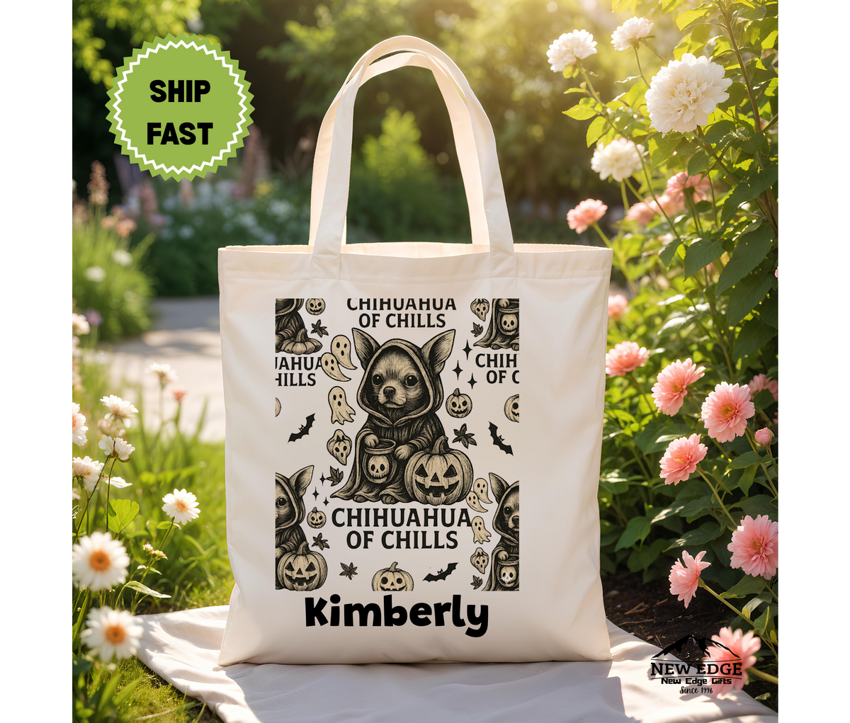 Personalized Halloween Tote Bag – Chihuahua in Hooded Robe with Ghosts, Bats & Skulls, Custom Pumpkin Ghost Cotton Canvas Bag