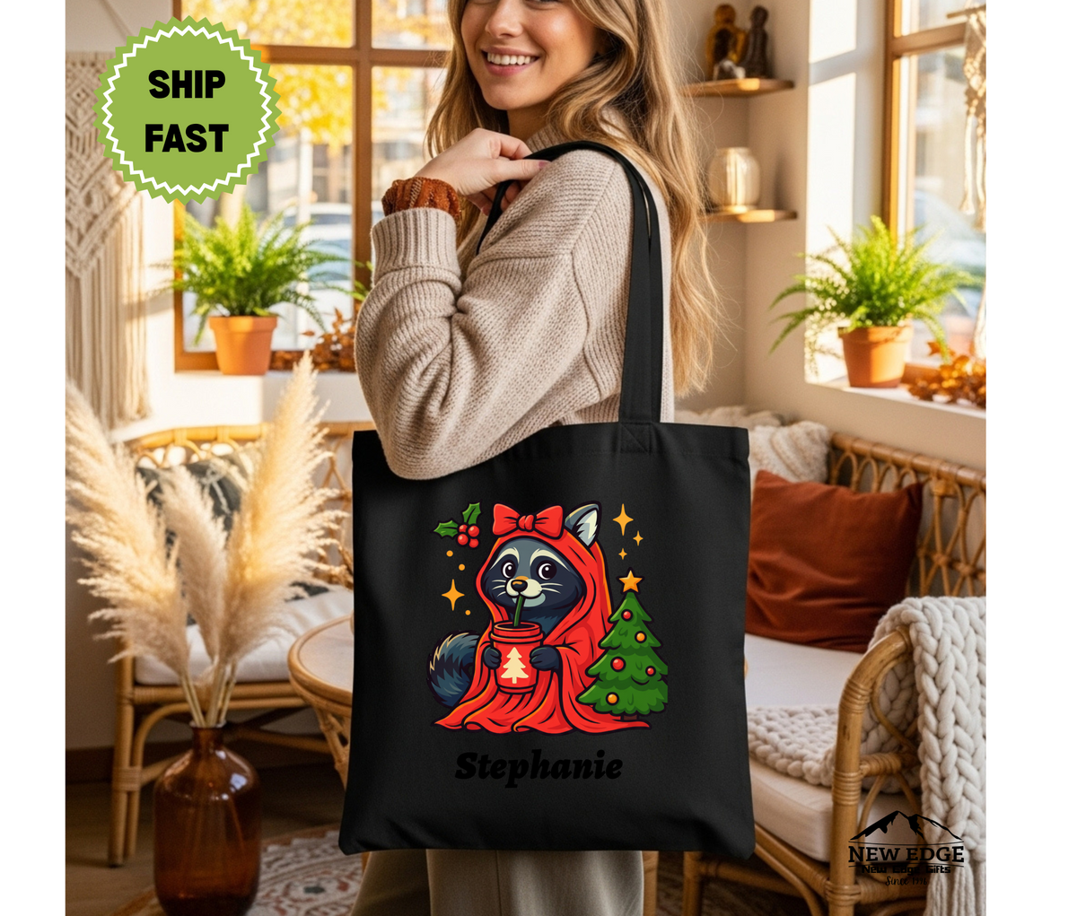 Personalized Christmas Tote Bag – Cute Raccoon in Orange Hooded Robe with Bow by Christmas Tree, Cotton Canvas Shopping Bag