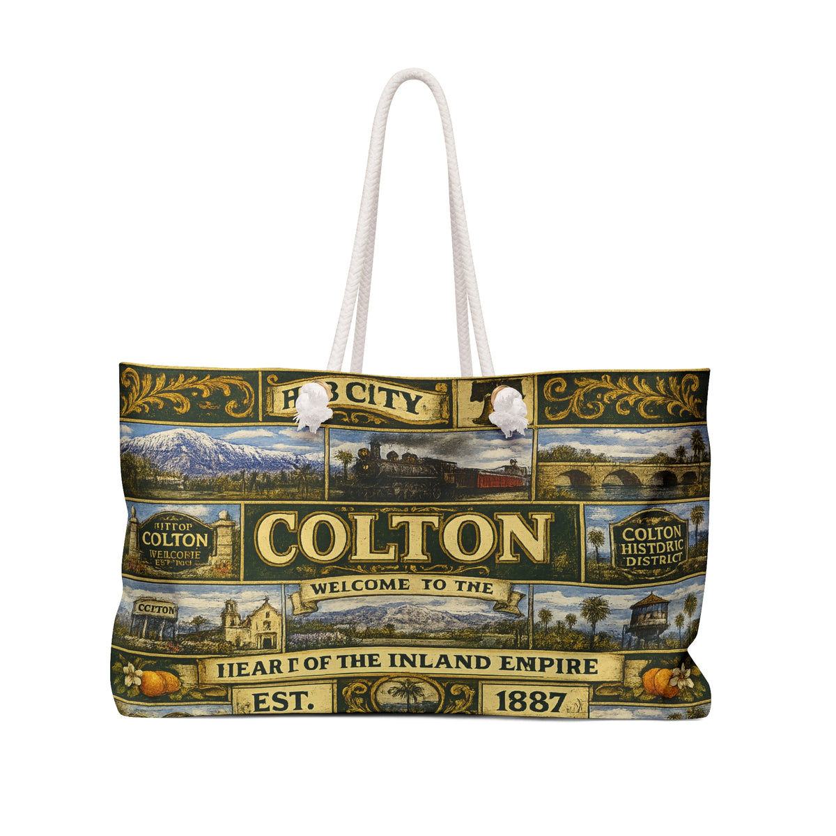 Colton Vintage TColton California Weekender Bag Hub City Faux Patchwork Travel Tote Heart of the Inland Empire Railroad Heritage Giftravel Weekender Bag — "Welcome to the Heart of the Inland Empire"