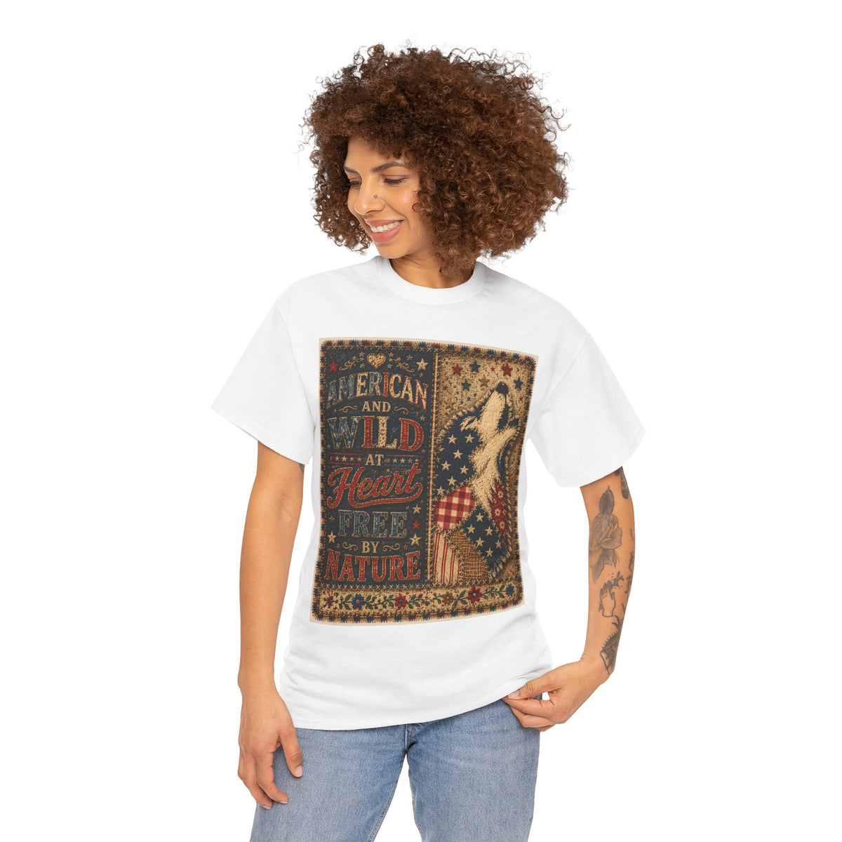 Patriotic Retro Tee – "American and Wild at Heart, Free by Nature" Flag Silhouette Shirt