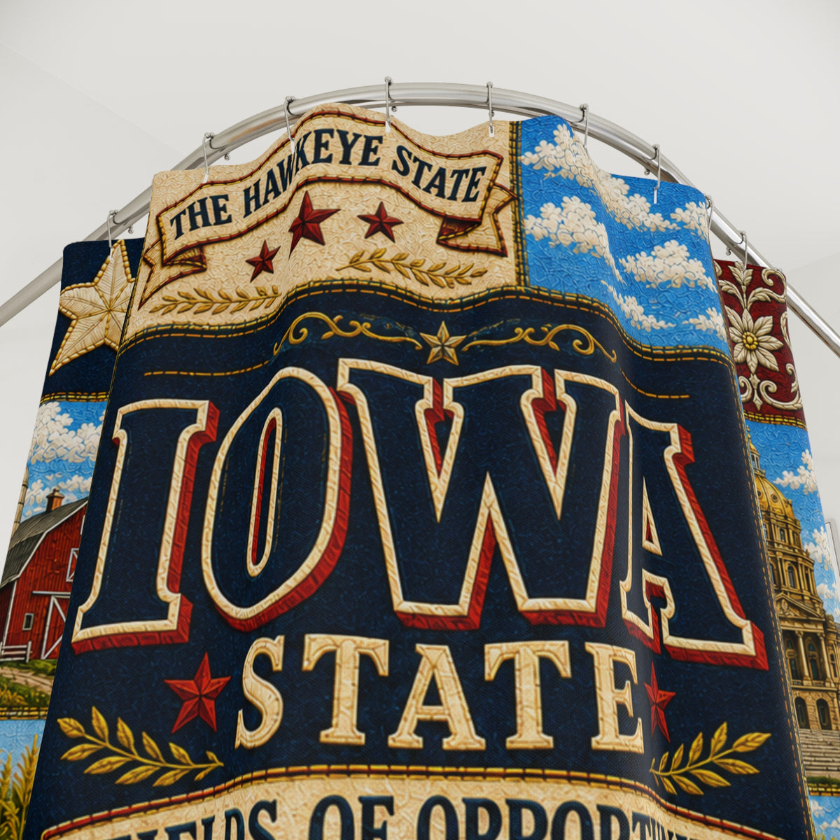Iowa Shower Curtain, Hawkeye State Decor, Farmhouse Landmark Faux Patchwork, Rustic Midwest Bathroom Decor