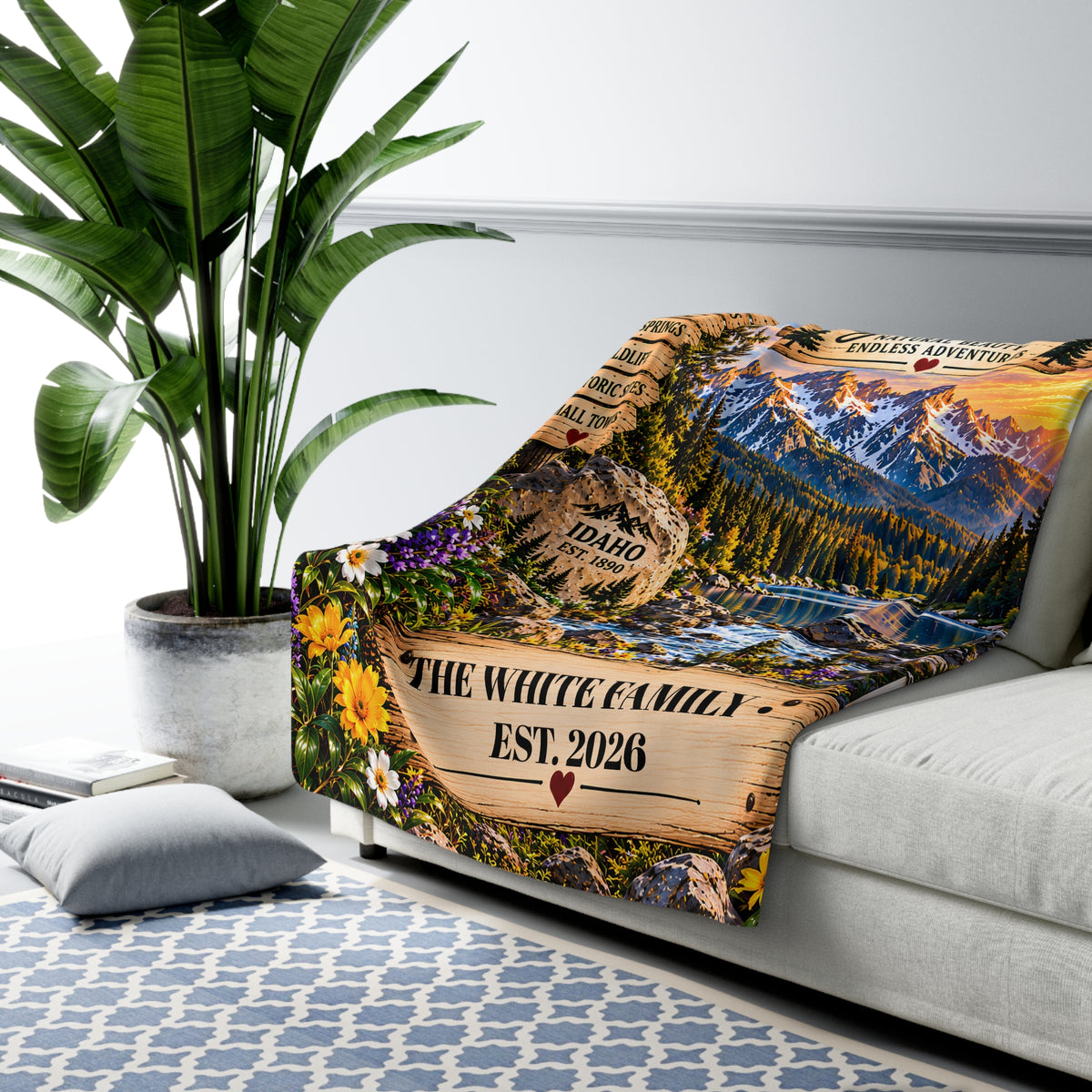 Idaho Personalized Sherpa Fleece Blanket, Gem State Sawtooth Mountains Custom Family Name Gift