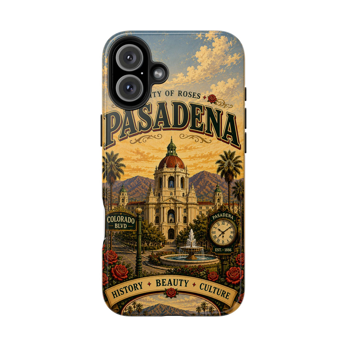 Pasadena City of Roses Faux Patchwork Phone Case – Vintage California Landmark Travel Art Cover
