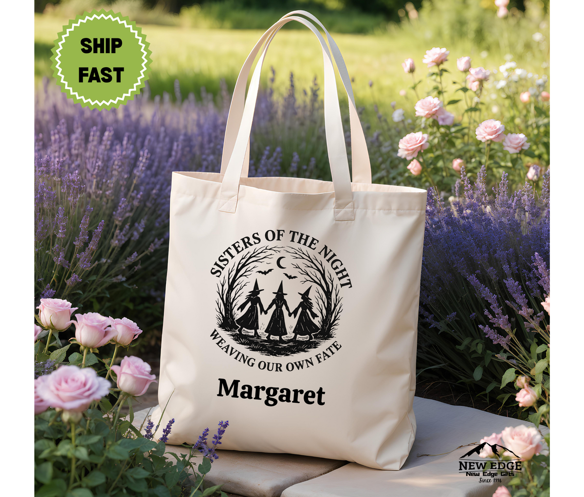 Personalized Halloween Tote Bag – Three Witches with Slogan “Sisters of the Night Weaving Our Own Fate” Cotton Canvas Bag