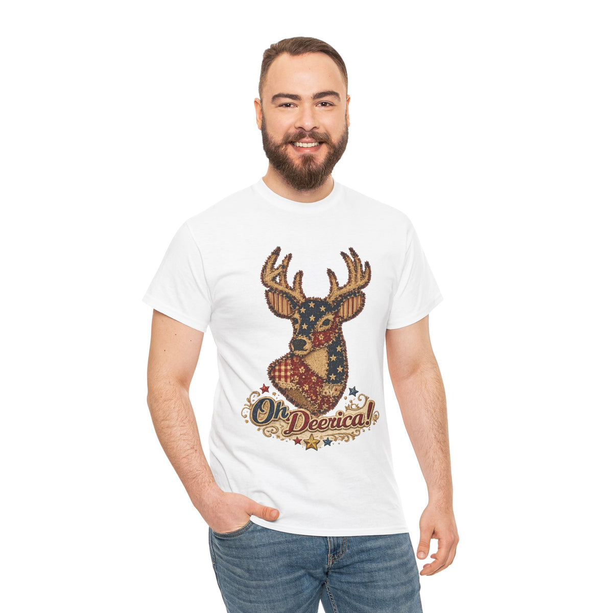 Deerica Patriotic Deer T-Shirt — "Oh Deerica!" American Flag Buck Tee