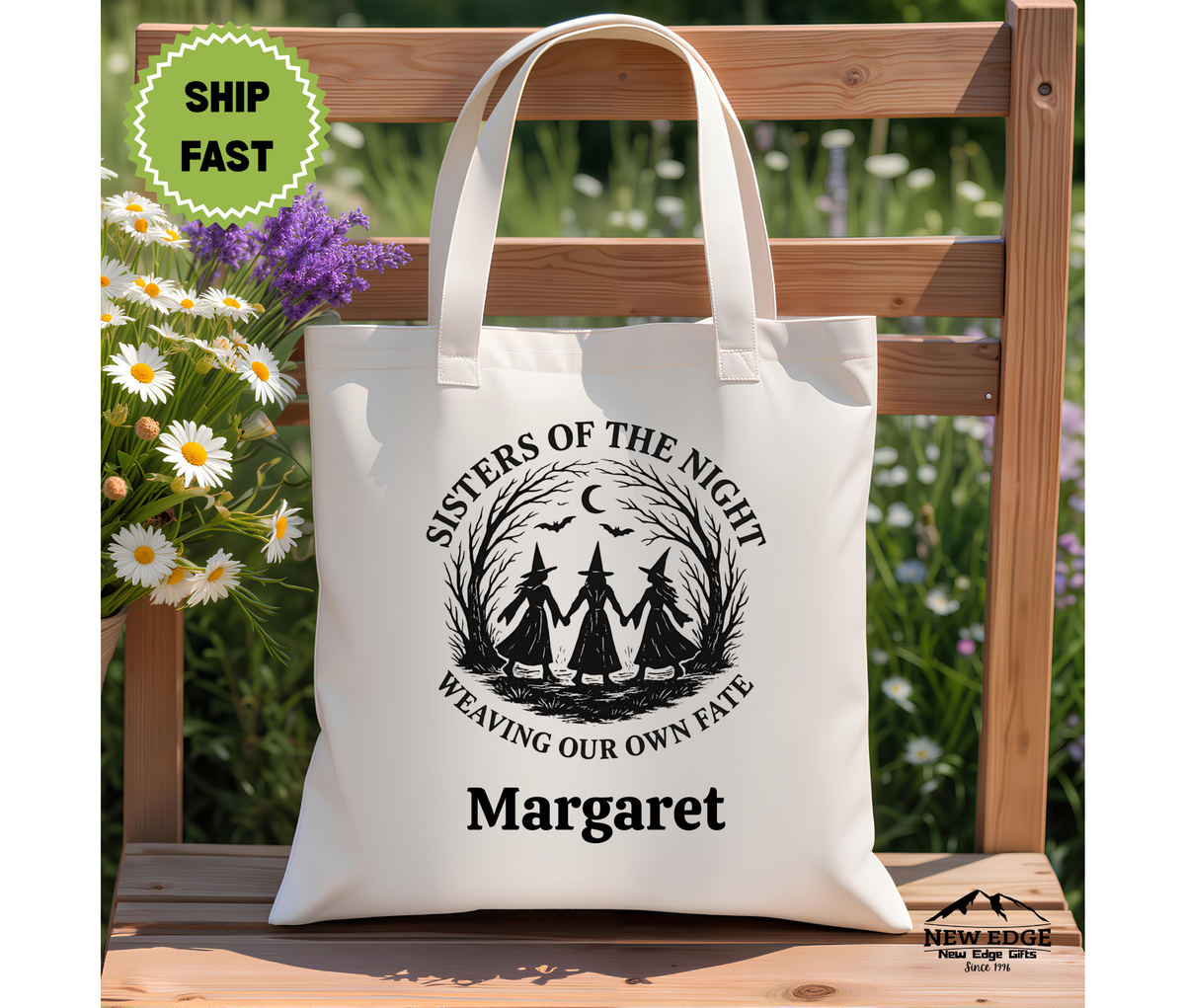 Personalized Halloween Tote Bag – Three Witches with Slogan “Sisters of the Night Weaving Our Own Fate” Cotton Canvas Bag
