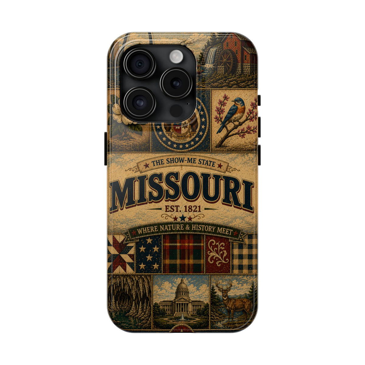 Missouri Show Me State Faux Patchwork Phone Case – Vintage Travel Poster Gateway Arch & Riverboat Cover for iPhone & Samsung