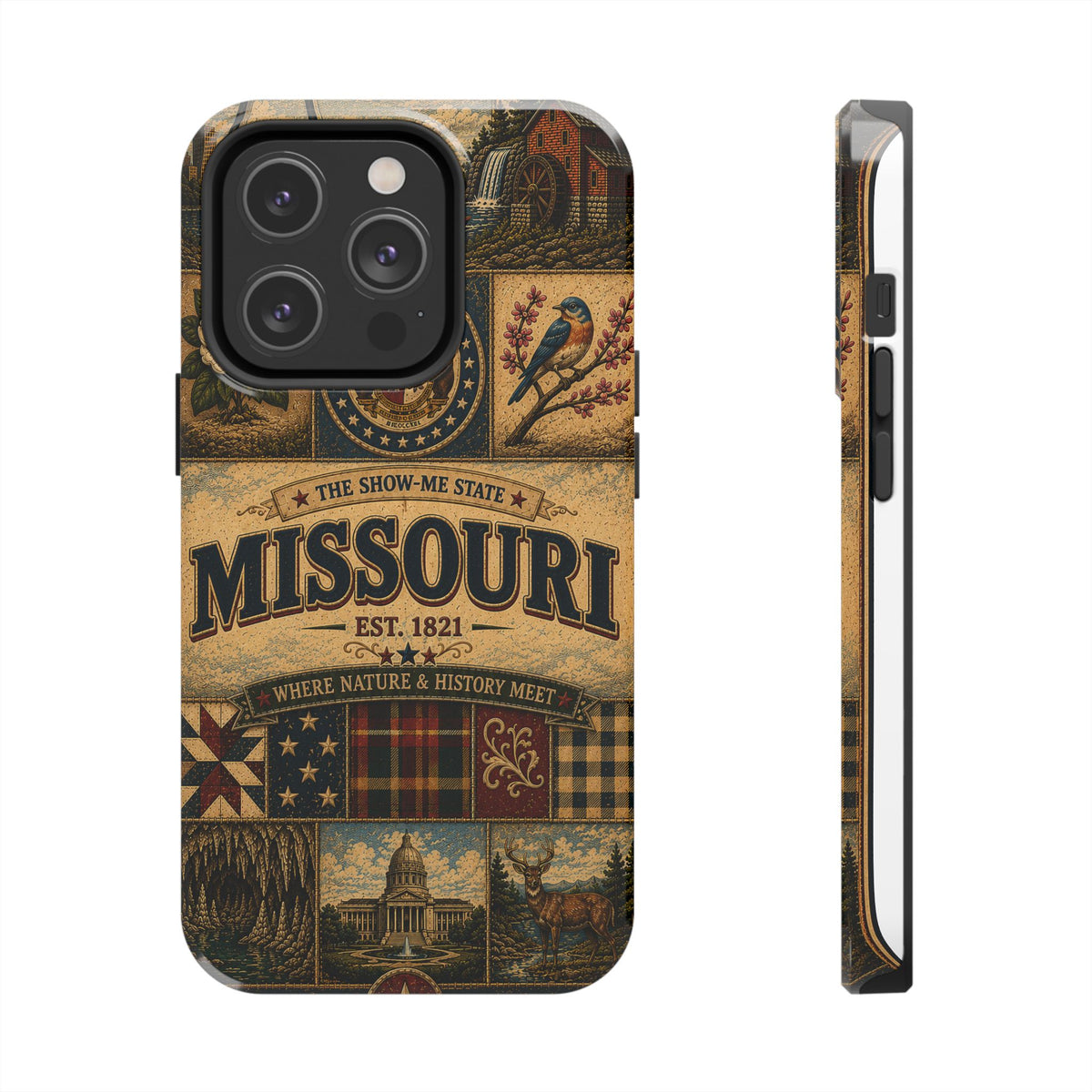 Missouri Show Me State Faux Patchwork Phone Case – Vintage Travel Poster Gateway Arch & Riverboat Cover for iPhone & Samsung