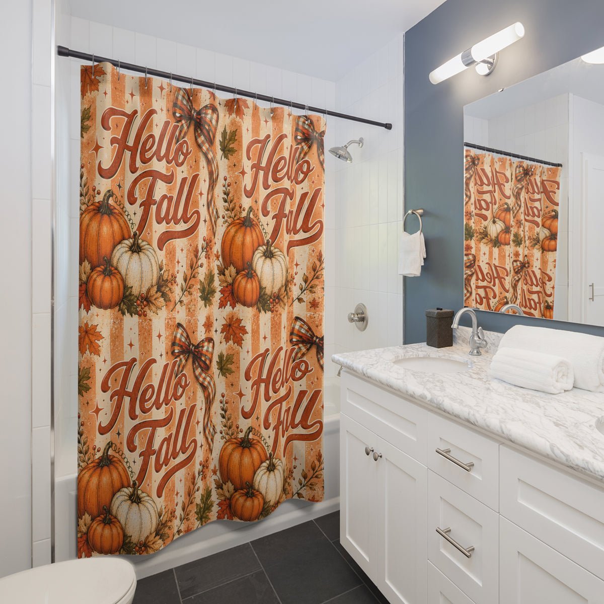 Hello Fall Shower Curtain Pumpkin Patch Autumn Leaves Plaid Bows Rustic Farmhouse Harvest Thanksgiving Bathroom Decor