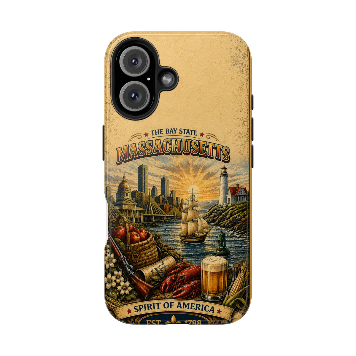 Massachusetts Bay State Faux Patchwork Phone Case – Vintage Travel Poster Style New England Souvenir Cover for iPhone & Samsung