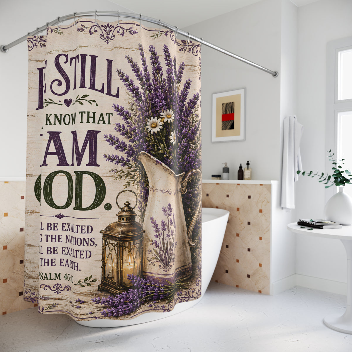Be Still and Know Christian Shower Curtain Psalm 46 10 Lavender Farmhouse Faith Bathroom Decor