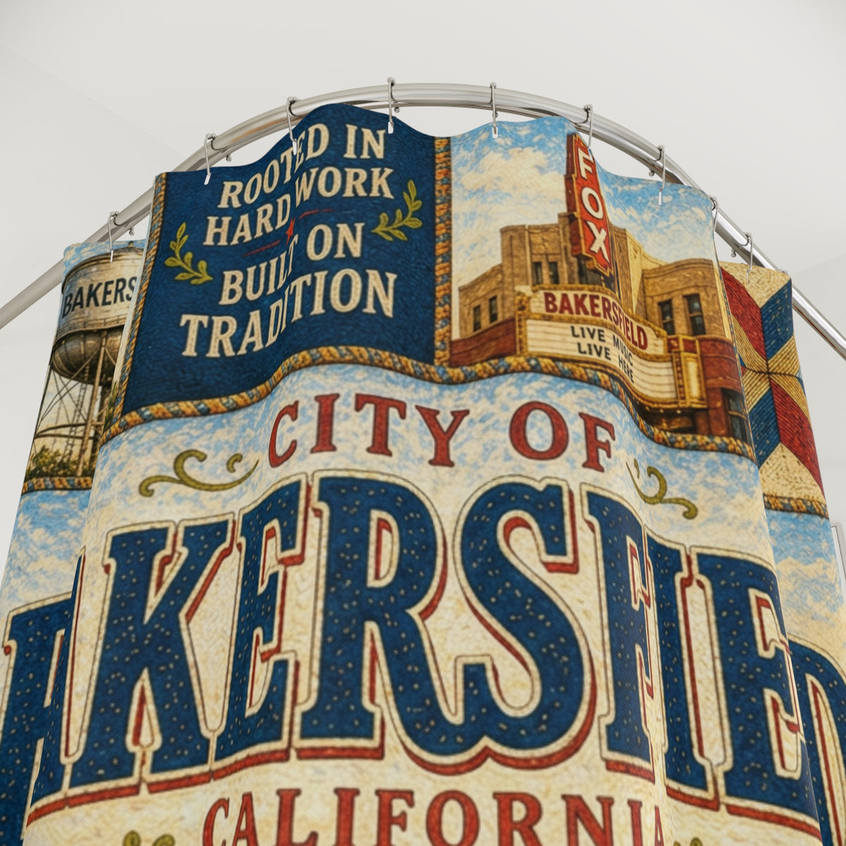 Bakersfield California Shower Curtain Country Music Capital Faux Patchwork Western City Landmark Bathroom Decor