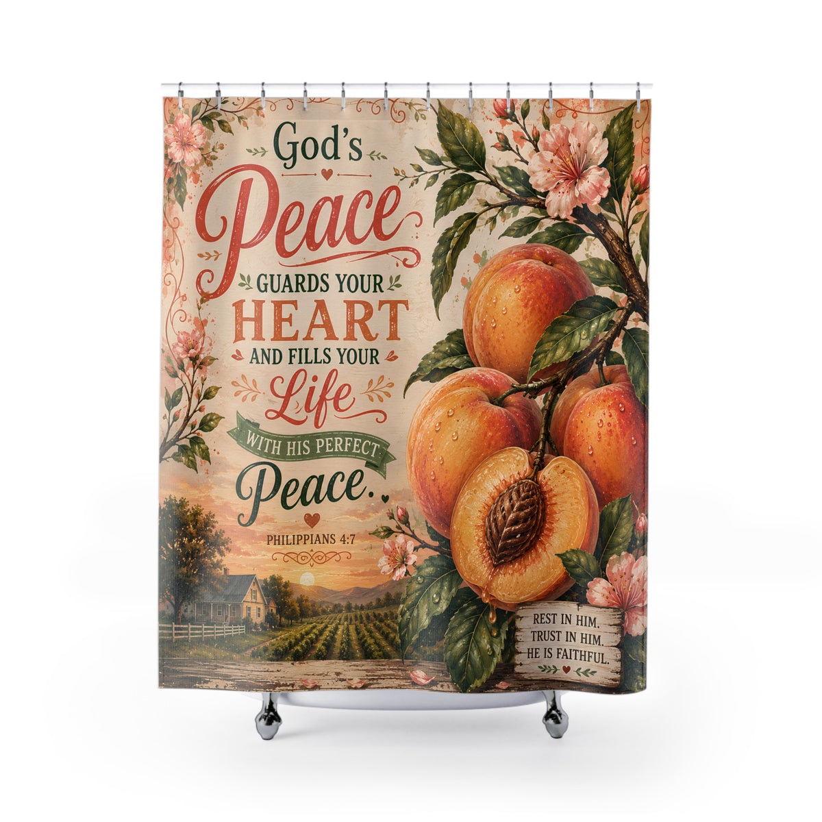 Peach Christian Shower Curtain Gods Peace Guards Your Heart Philippians 4 7 Farmhouse Faith Bathroom Decor