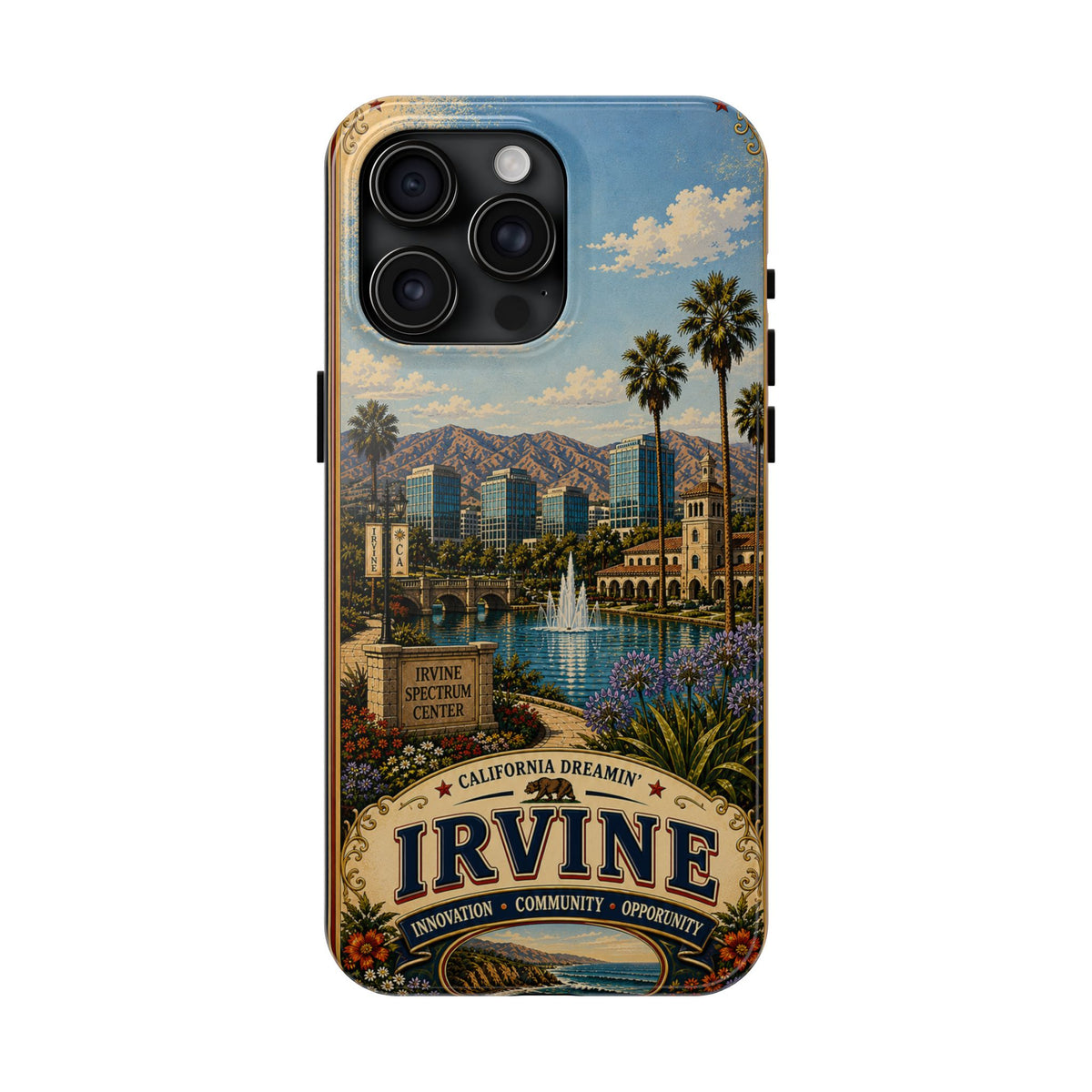 Irvine Faux Patchwork Phone Case – California Dreamin’ Vintage Travel Art, Spectrum Park & Cityscape Cover