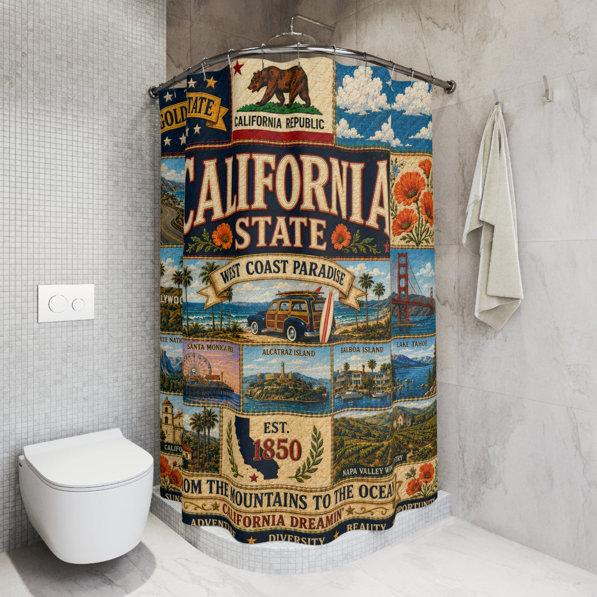 California Shower Curtain, Golden State Decor, West Coast Landmark Faux Patchwork, California Dreaming Bathroom Decor