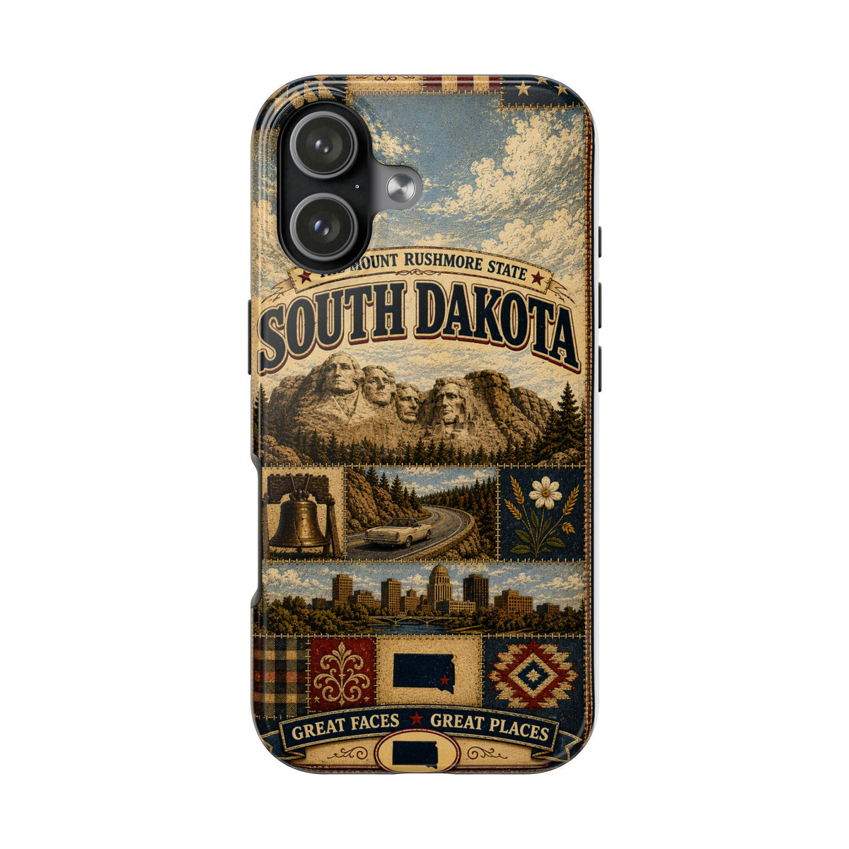 South Dakota Faux Patchwork Phone Case Mount Rushmore State Retro Bison Scenic Road State Pride Cover