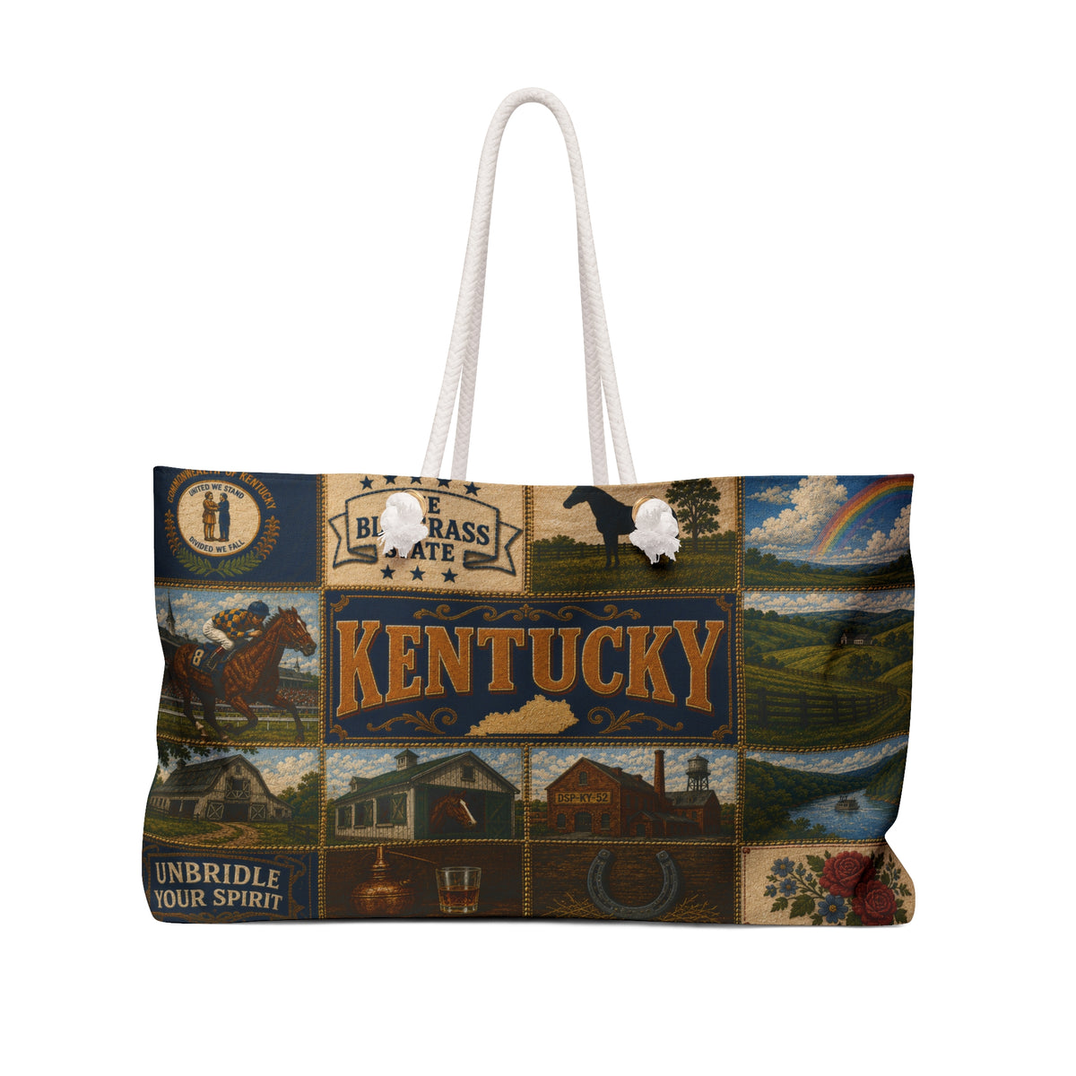Kentucky Patchwork Weekender Bag — Vintage Horse & Bourbon Travel Tote