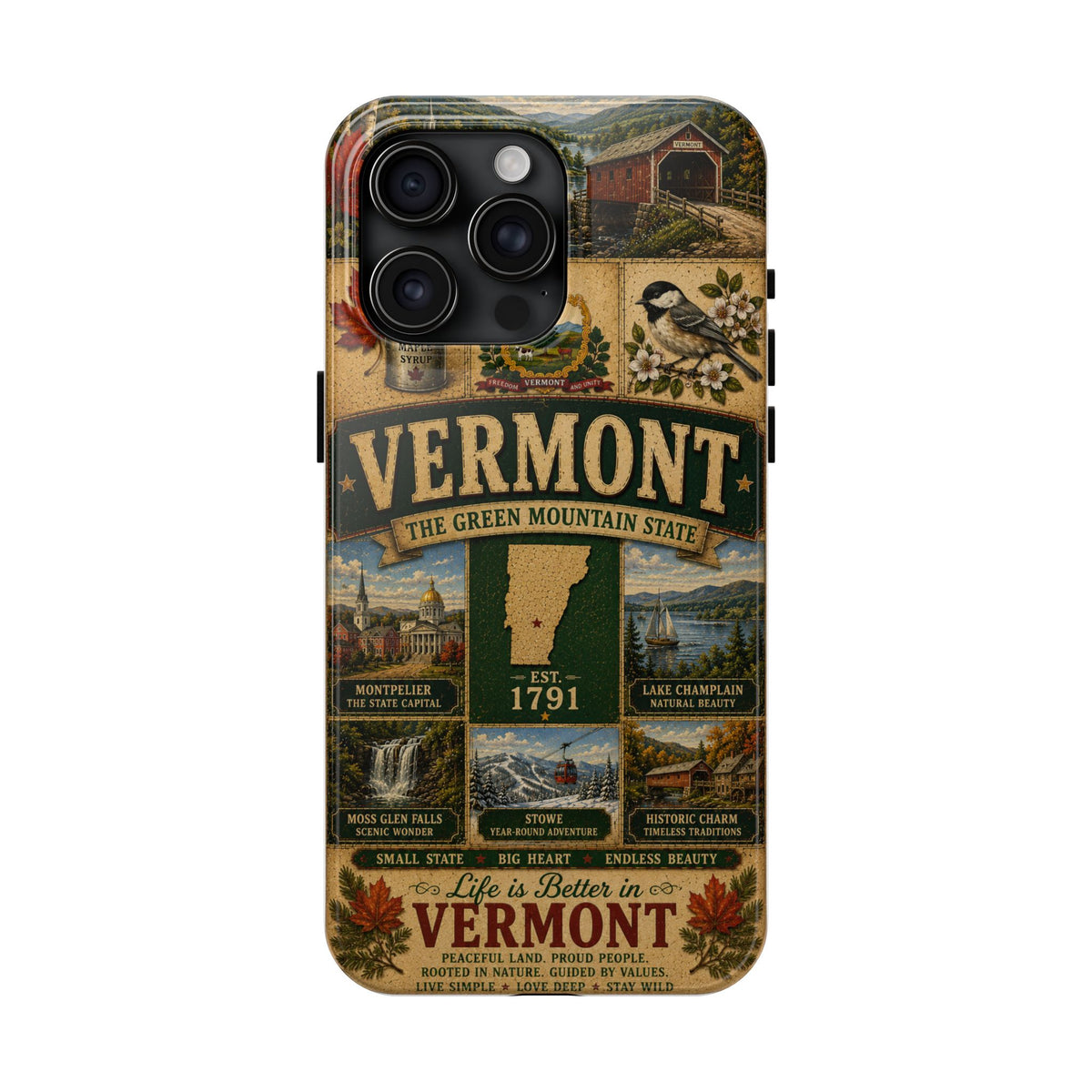 Vermont Faux Patchwork Phone Case The Green Mountain State Vintage Travel Poster Retro State Pride Cover Est 1791