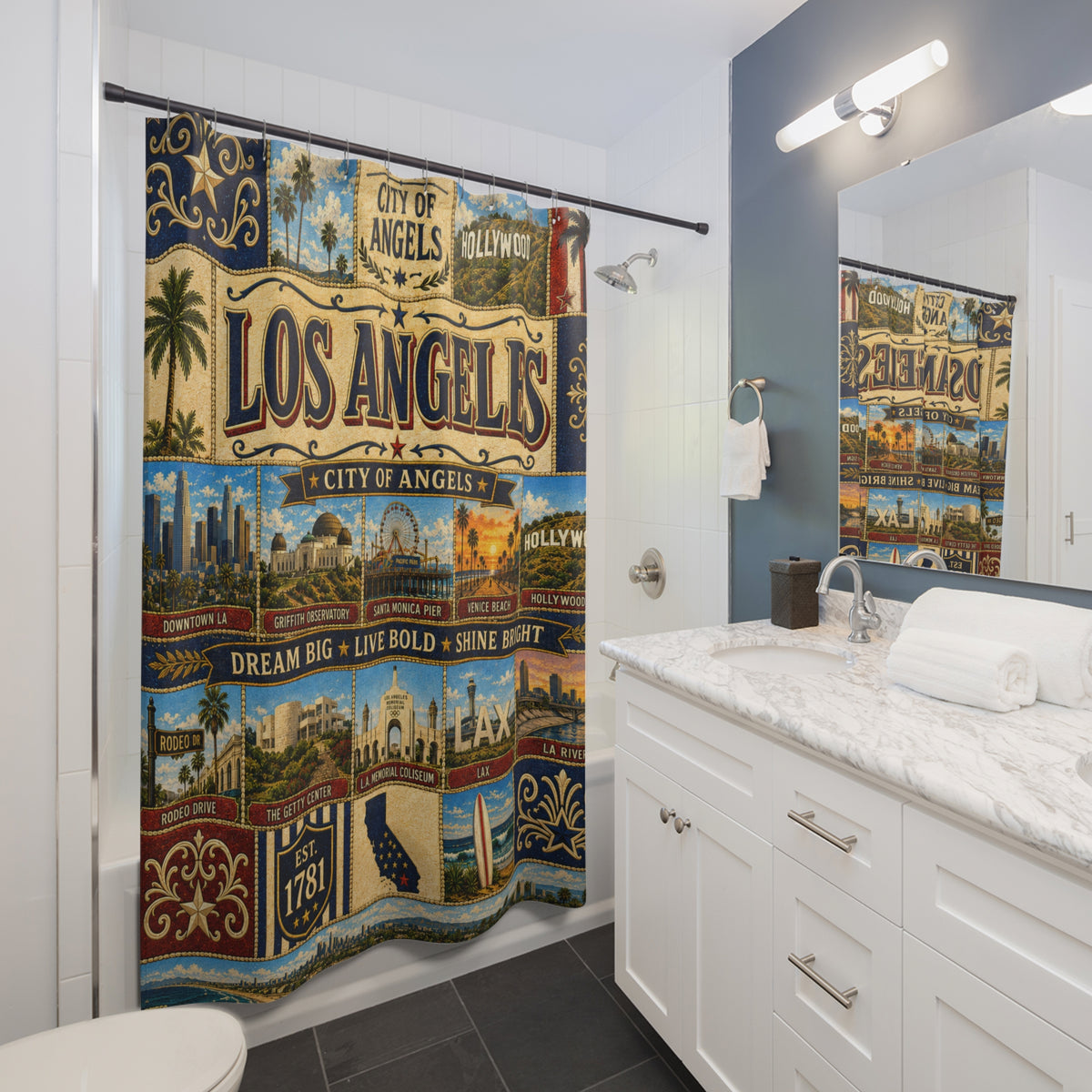 Los Angeles Shower Curtain, City of Angels Decor, Hollywood Coastal Faux Patchwork, California Bathroom Decor