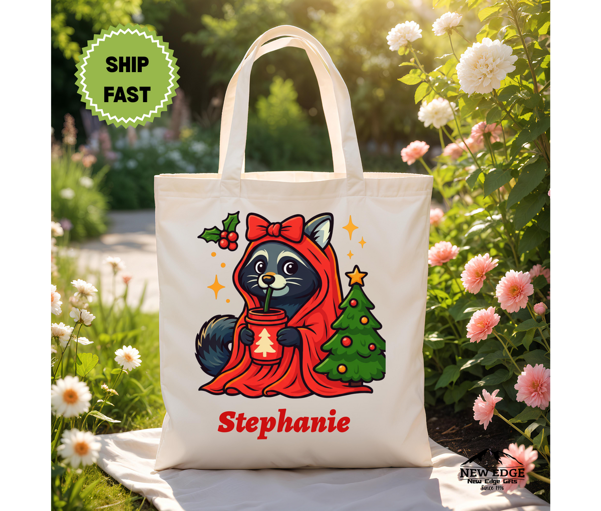 Personalized Christmas Tote Bag – Cute Raccoon in Orange Hooded Robe with Bow by Christmas Tree, Cotton Canvas Shopping Bag