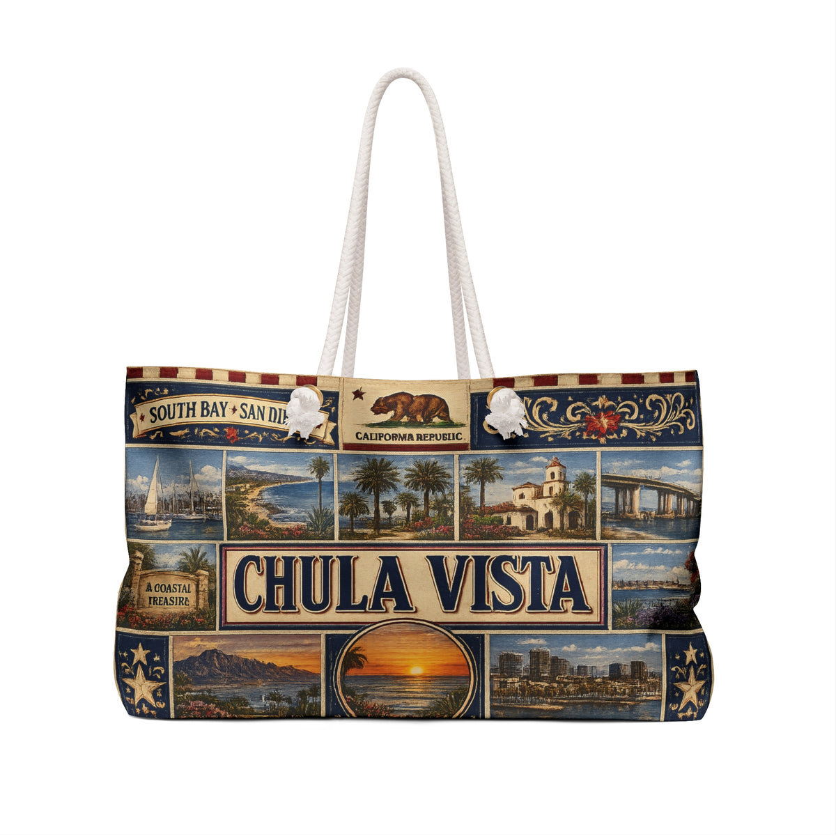 Chula Vista California Weekender Bag South Bay San Diego Faux Patchwork Travel Tote Coastal Paradise Getaway Gift