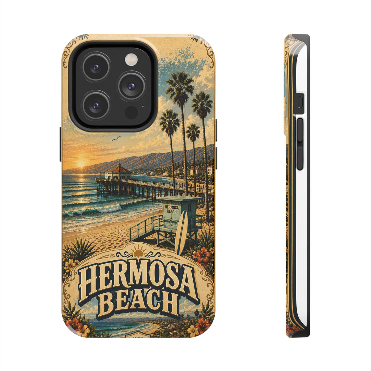 Coastal Pier Faux Patchwork Phone Case – Sunset Waves & Surf Retro California Beach Art Cover