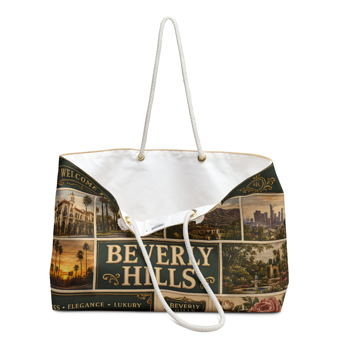 Beverly Hills California Weekender Bag Class Elegance Luxury Faux Patchwork Travel Tote Rodeo Drive Chic Getaway Gift
