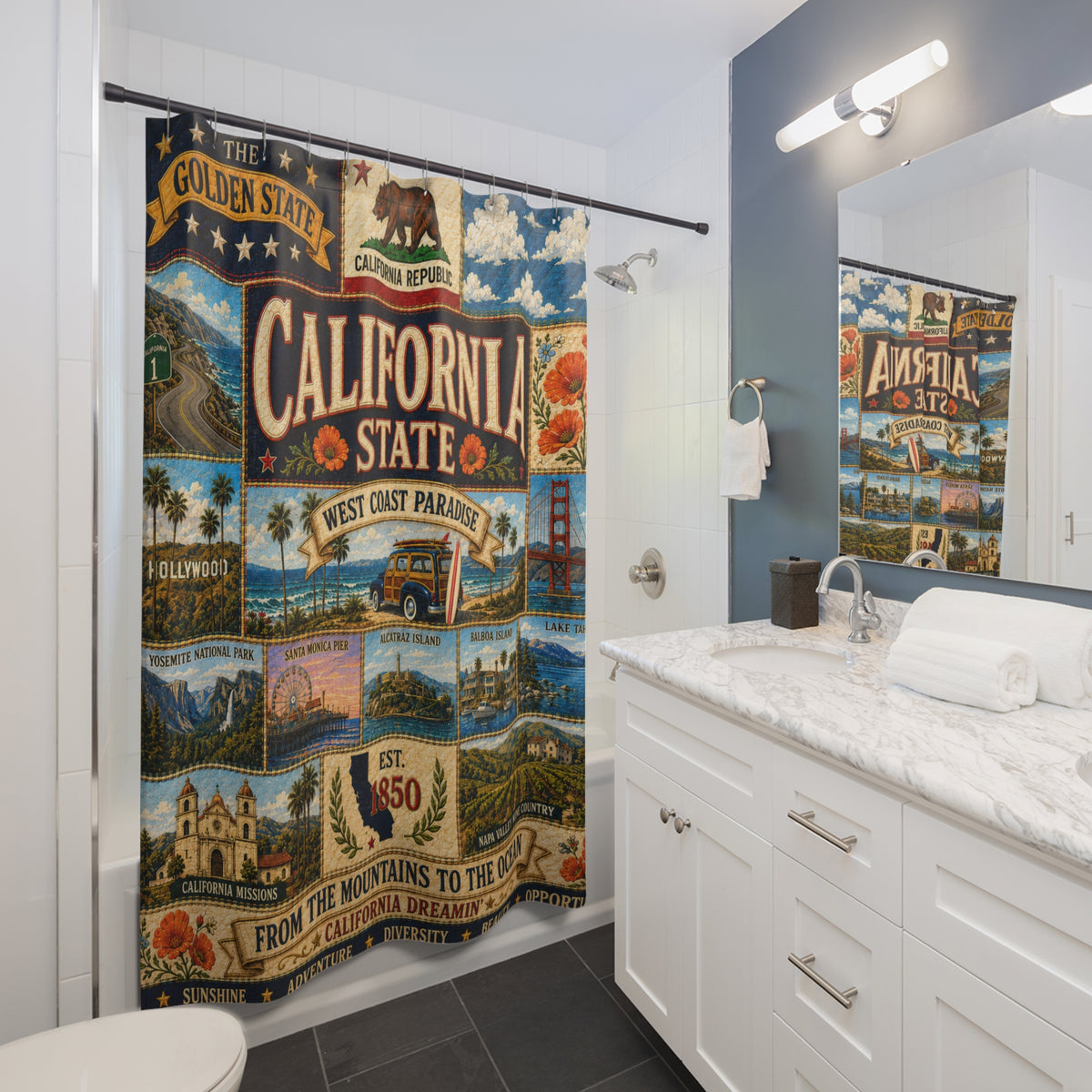 California Shower Curtain, Golden State Decor, West Coast Landmark Faux Patchwork, California Dreaming Bathroom Decor