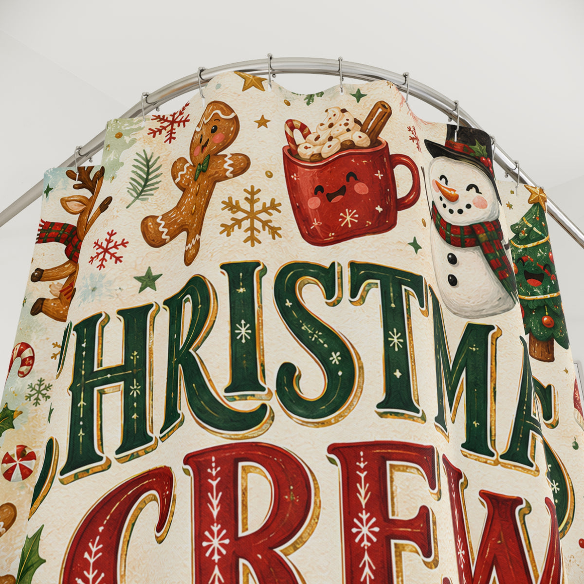 Christmas Crew Shower Curtain Making Spirits Bright Reindeer Gingerbread Snowman Cocoa Holiday Bathroom Decor