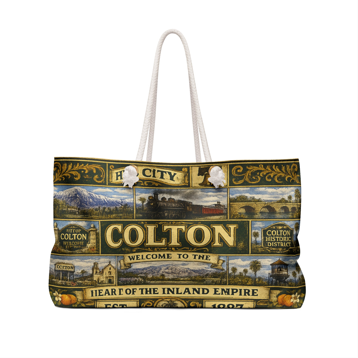 Colton Vintage TColton California Weekender Bag Hub City Faux Patchwork Travel Tote Heart of the Inland Empire Railroad Heritage Giftravel Weekender Bag — "Welcome to the Heart of the Inland Empire"