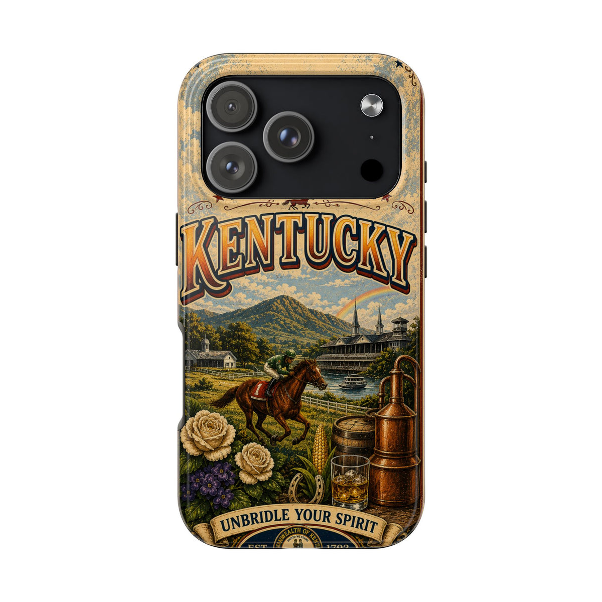 Kentucky Bluegrass State Faux Patchwork Phone Case – Vintage Travel Poster Style Kentucky Souvenir Cover for iPhone & Samsung