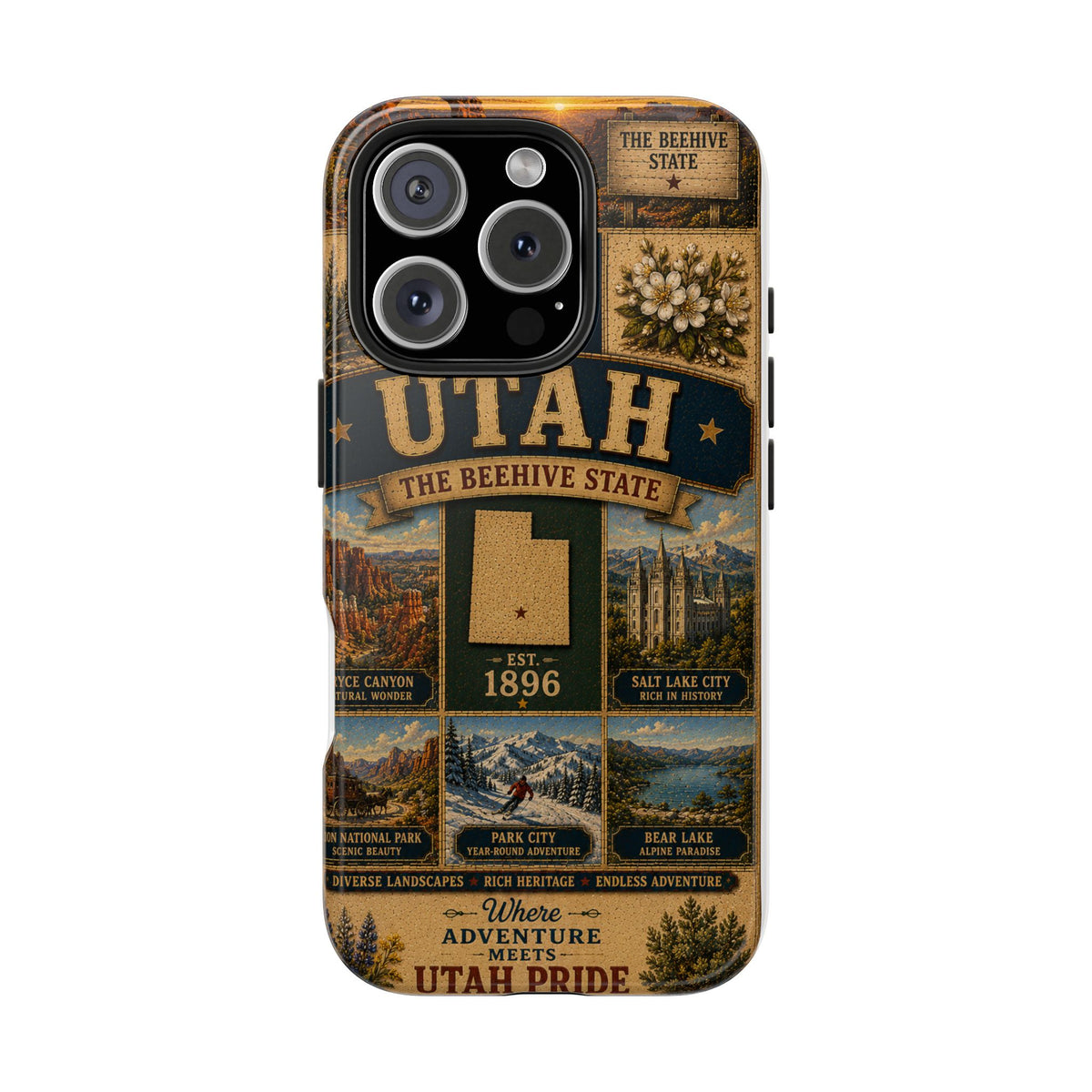 Utah Faux Patchwork Phone Case The Beehive State Vintage Travel Poster Retro State Pride Cover Est 1896