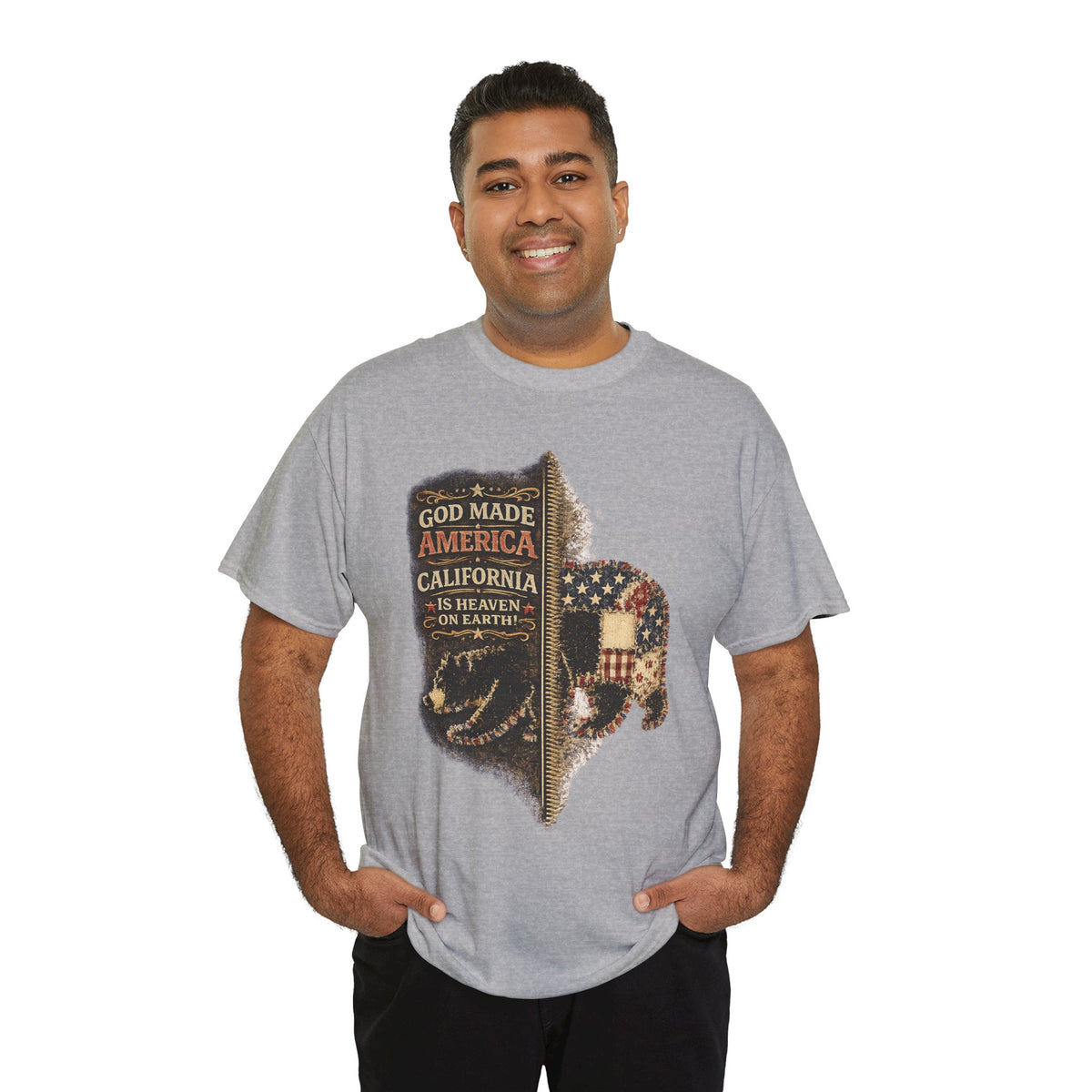California Buffalo Patriotic T-Shirt — "God Made America, California Is Heaven on Earth"
