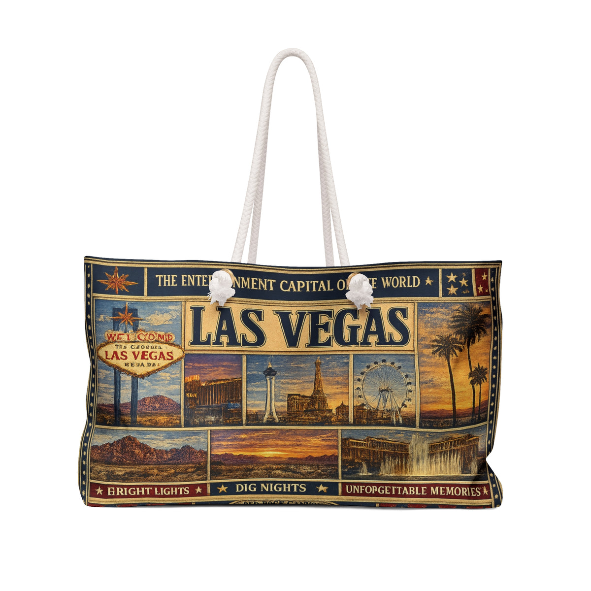 Las Vegas Nevada Weekender Bag Entertainment Capital of the World Faux Patchwork Travel Tote Vintage Strip Getaway Gift