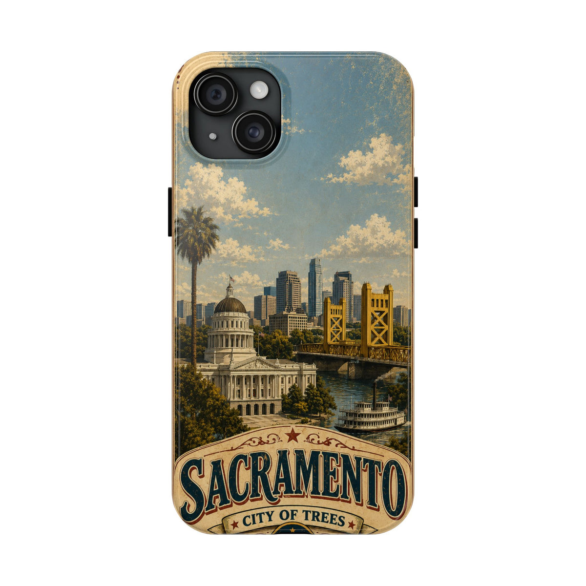 Sacramento City of Trees Faux Patchwork Phone Case Vintage California Landmark Travel Poster Cover