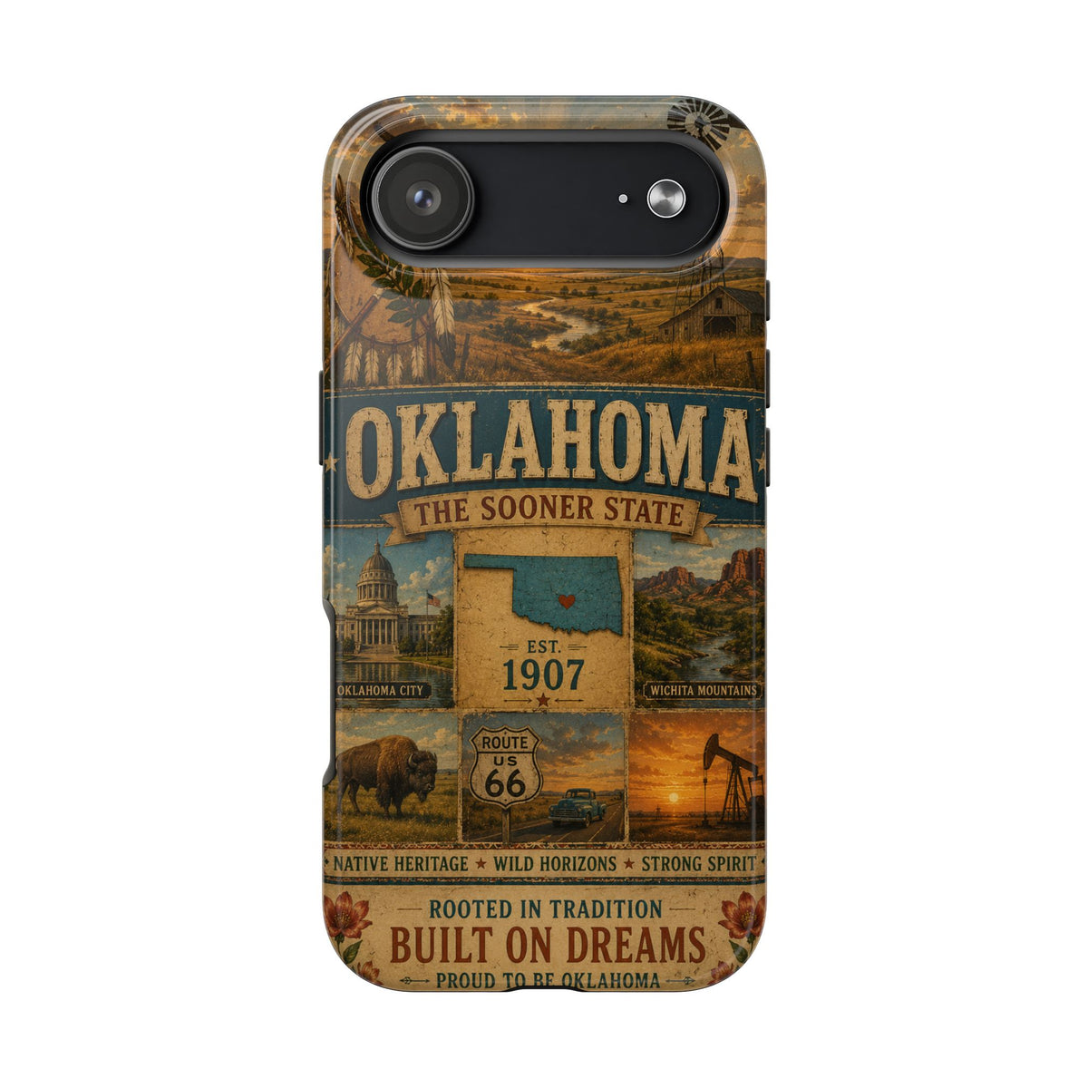 write me a title and product description for this United State phone case with Slogan  "Oklahoma Faux Patchwork Phone Case The Sooner State Vintage Travel Poster Retro State Pride Cover Est 1907"...