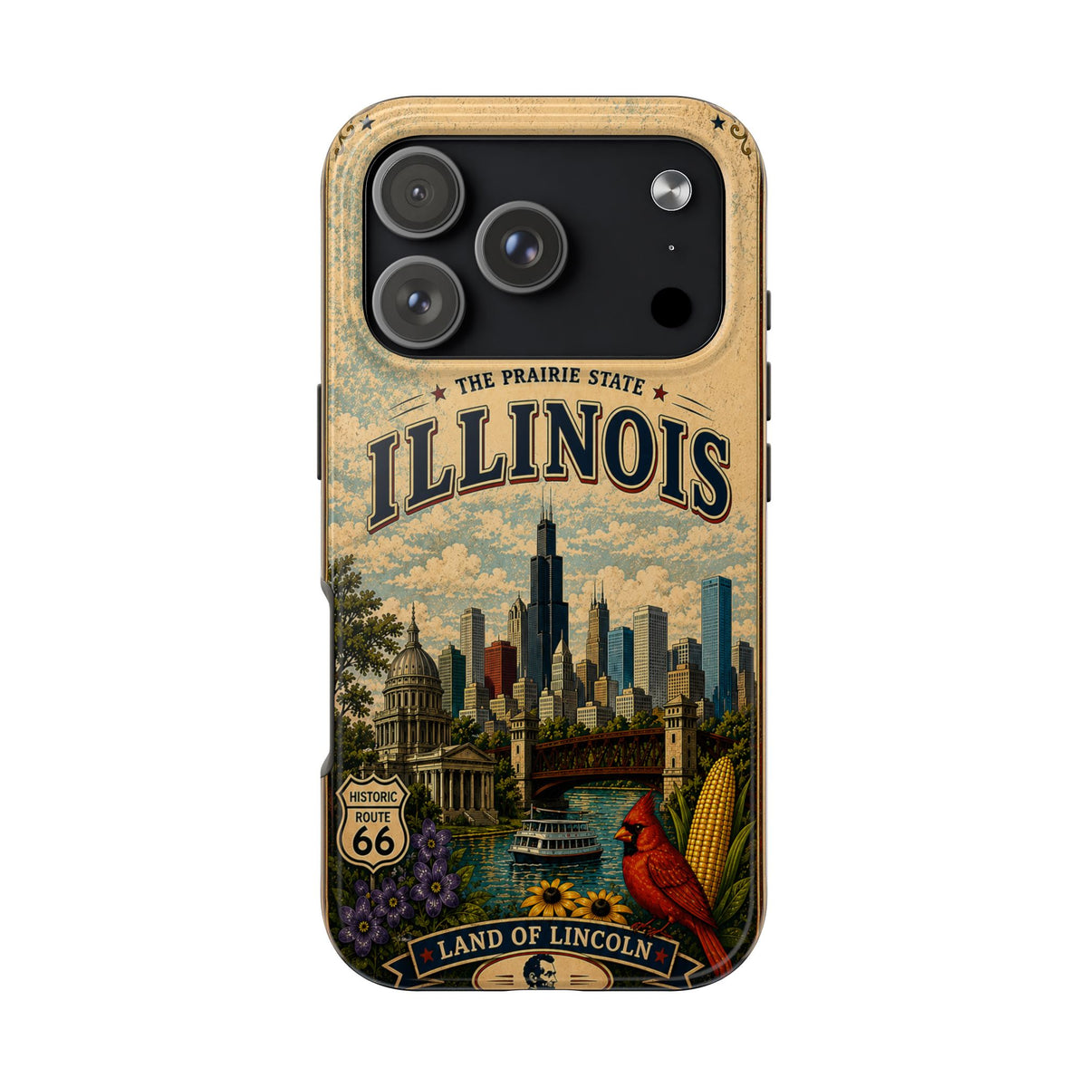 Illinois Prairie State Faux Patchwork Phone Case Vintage Travel Poster Retro State Pride Cover