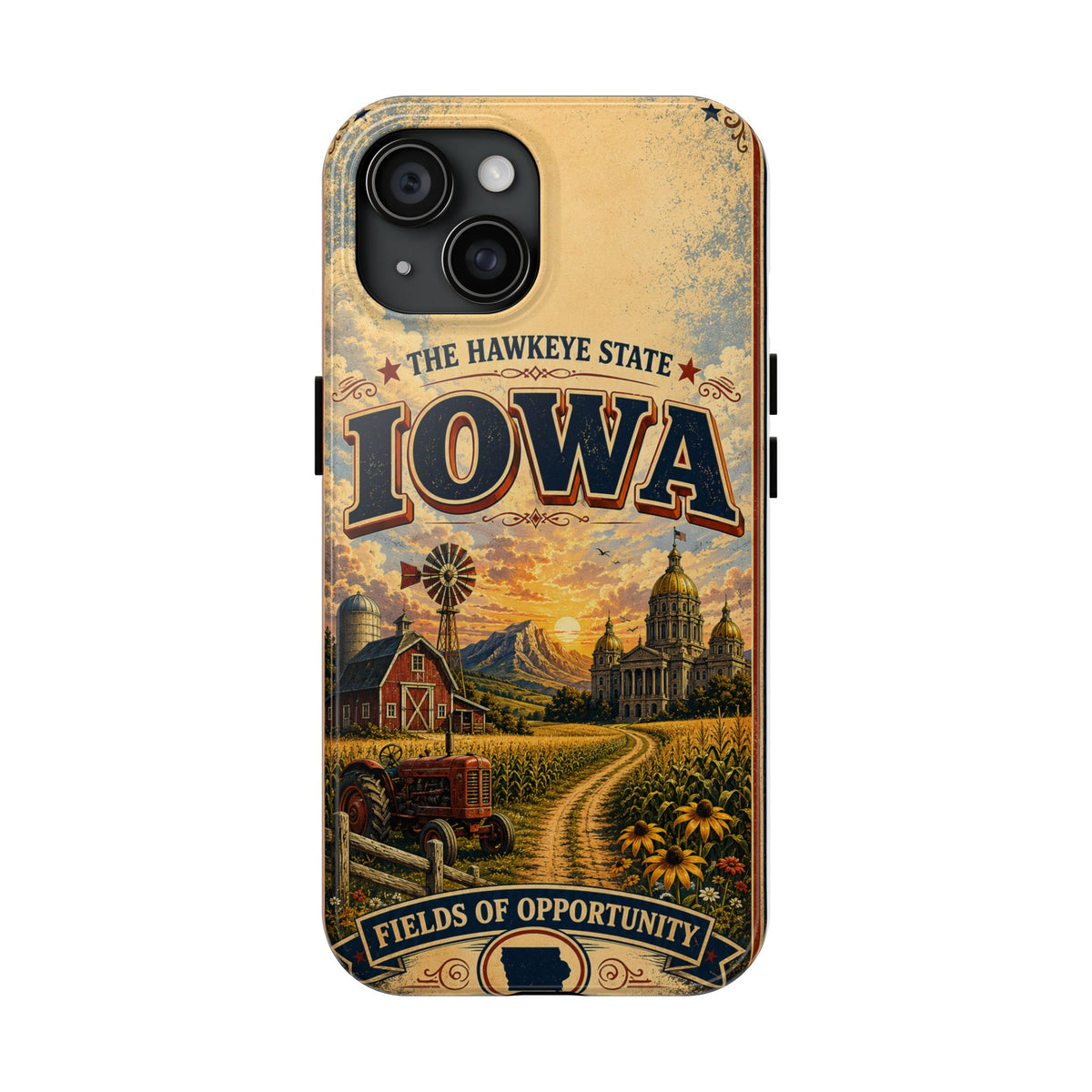 Iowa Hawkeye State Faux Patchwork Phone Case – Vintage Travel Poster Style Iowa Souvenir Cover for iPhone & Samsung