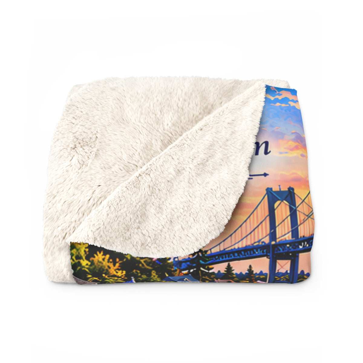 Rhode Island Personalized Sherpa Fleece Blanket, Coastal Lighthouse Harbor Newport Bridge Seaside Gift