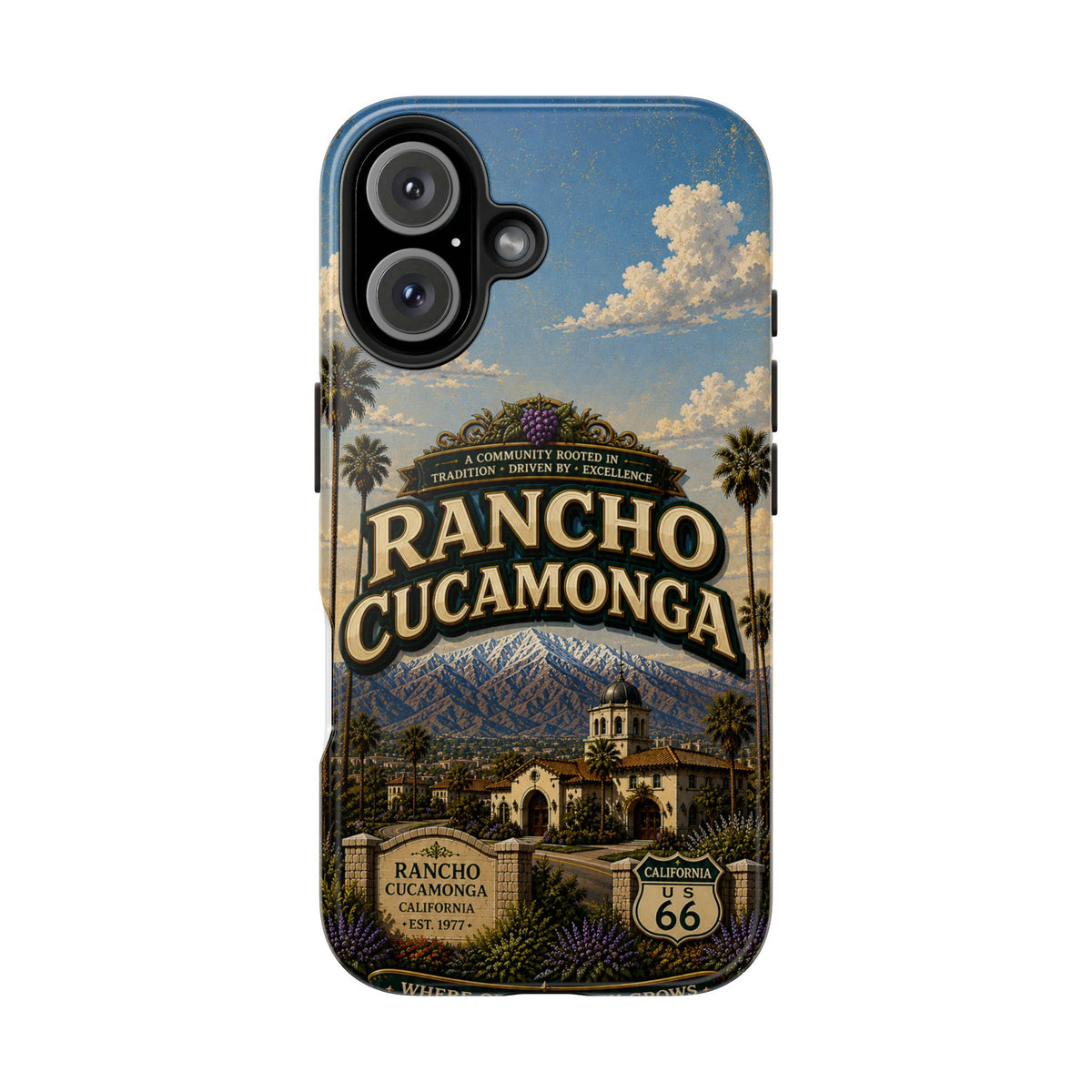 Rancho Cucamonga Where Opportunity Grows Faux Patchwork Phone Case – Route 66 Vintage Travel Art Cover