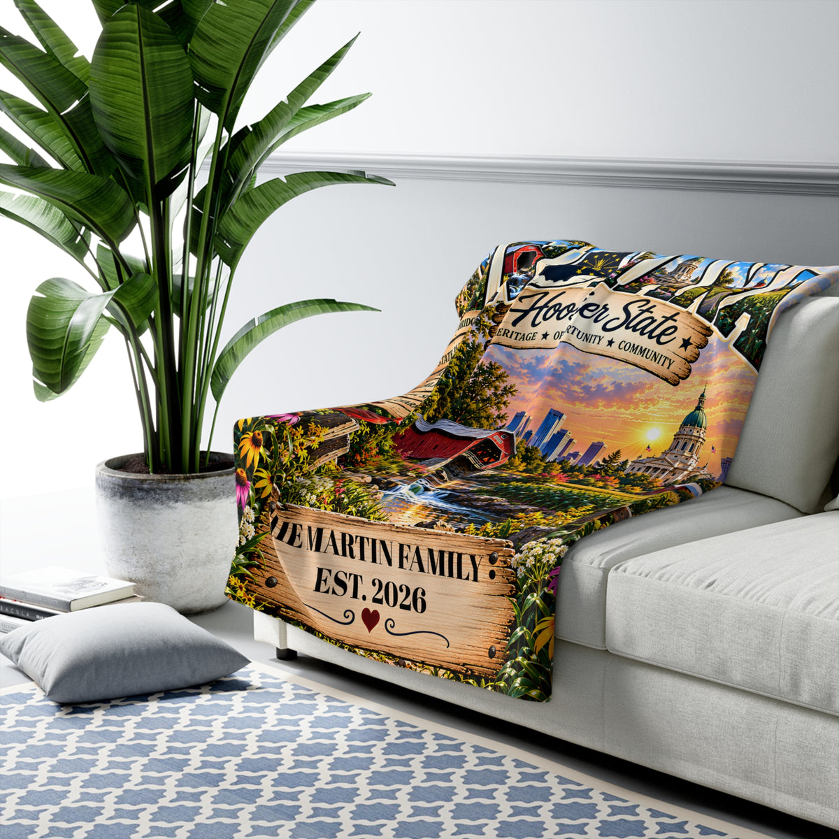 Indiana Personalized Sherpa Fleece Blanket, Hoosier State Heritage Scenic Landmarks Custom Family Name Gift
