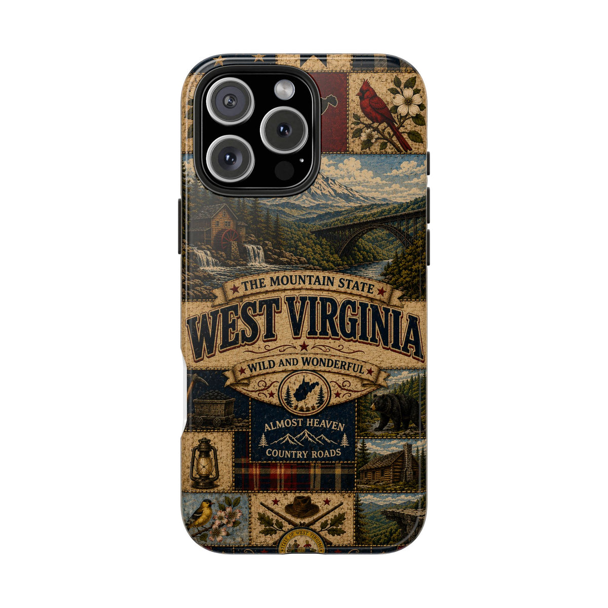 West Virginia Faux Patchwork Phone Case Mountain State Retro New River Gorge Bridge Wild and Wonderful Cover
