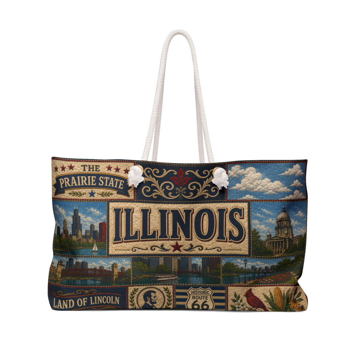 Illinois Weekender Bag Prairie State Faux Patchwork Travel Tote Land of Lincoln Historic Route 66 State Souvenir Gift