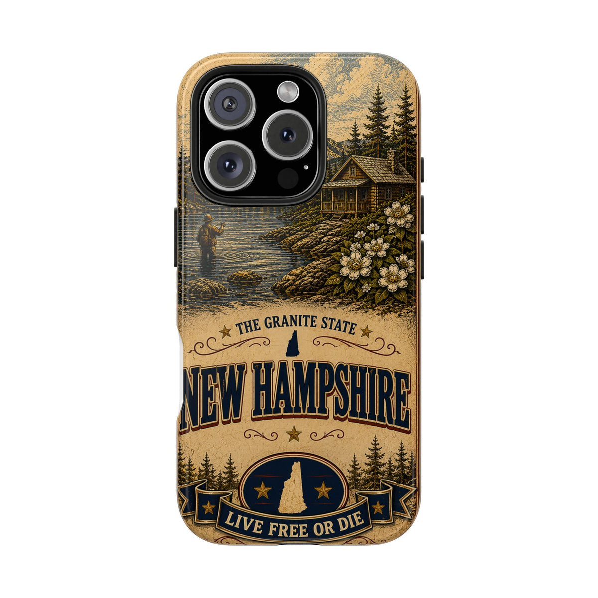 New Hampshire Faux Patchwork Phone Case Live Free or Die Granite State Vintage Travel Poster iPhone 17 Samsung S26 Cover